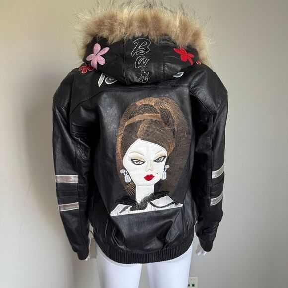 No Brand Jackets & Blazers - Barbie Custom Embroidered Glam Graphic Leather Jacket With Faux Fur Hood